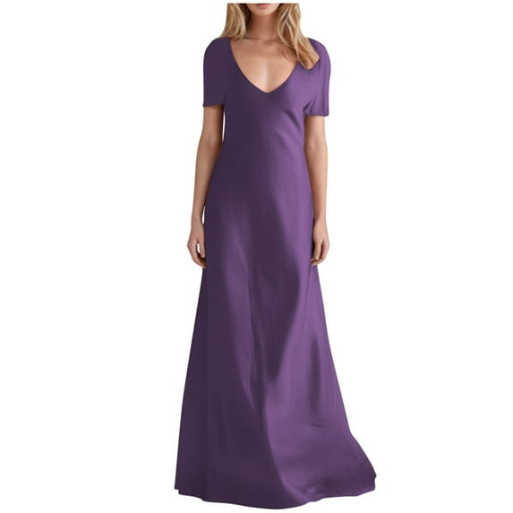 UPPADA Women's Wedding Guest Evening Party Maxi Dress Plus Size Cocktail Dresses V Neck A-Line Elastic High Waist Dress Pleated Chiffon Maxi Plus Size Formal Dresses Purple,L