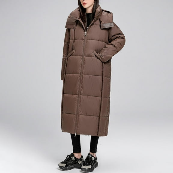 UPPADA Women's Winter Coats with Hood Fashion Warm Long Fall Jackets Clothes Oversized Shearling Fleece Long Coats Jackets with Pockets Woman Puffer Jacket Coffee,L