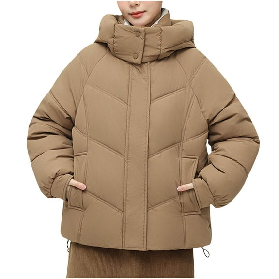 UPPADA Women's Winter Cropped Puffer Jacket Long Sleeve Oversized Stand Collar Zip-Up Short Coat with Pockets,Comfy Jackets for Women Khaki,S