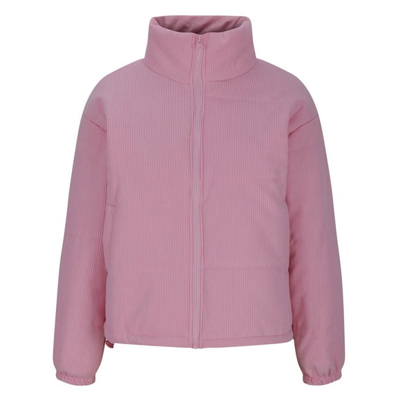 UPPADA Women's Winter Cropped Puffer Jacket Long Sleeve Oversized Stand Collar Zip-Up Short Coat with Pockets,Womens Puffer Jackets with Hood Pink,L