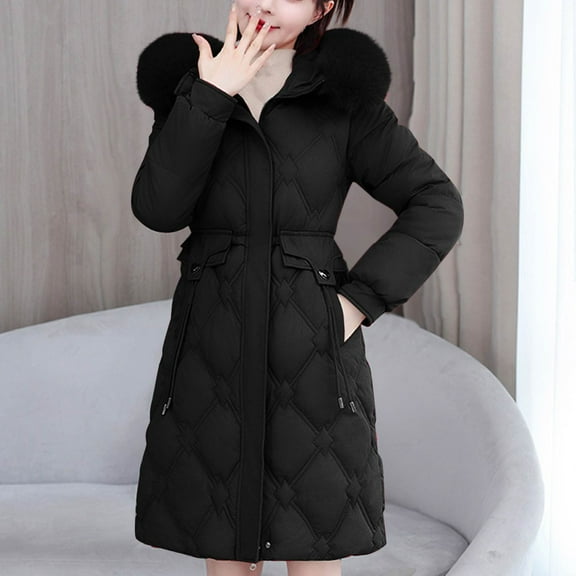 UPPADA Women's Winter Puffer Coat Dressy Quilted Lightweight Long Puffer Coats Hooded Jacket Thickened Winter Coats Zip Up Baggy Down Outerwear,Woman Heavy Coat Black,XXL