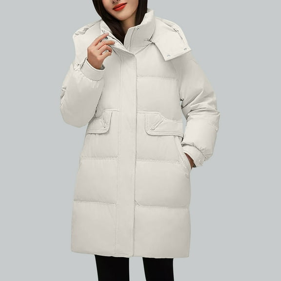 UPPADA Women's Winter Puffer Coat Dressy Quilted Lightweight Long Puffer Coats Hooded Jacket Thickened Winter Coats Zip Up Baggy Down Outerwear,Womens Plus Size 3 In 1 Winter Jacket Beige,M