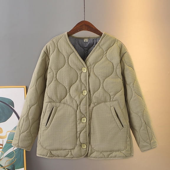 UPPADA Women's Winter Quilted Jackets Lightweight Zip Up Outerwear Coat Long Sleeve Warm Button Down Puffer Jacket Puffer Jacket Outerwear Coats with Pockets,Oversized Jackets Khaki,XXXXL