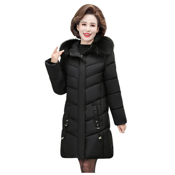 UPPADA Women's Winter Quilted Puffer Jackets Long Warm Coat Fashion Zip Up Outwear with Removable Faux Fur Hood and Zipper,Oversized Quilted Jacket Women Black,XXXXL