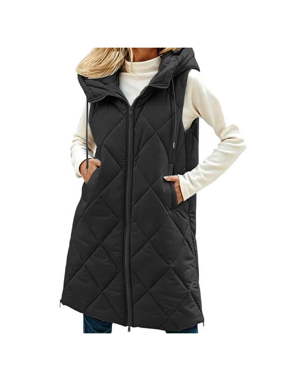 Women's Zip Up Long Puffer Vest Sleeveless Quilted Jacket Padded Fall Winter Outerwear with Pockets Black,L