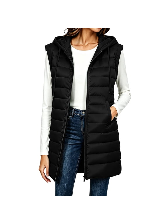 Women's Zip Up Long Puffer Vest Sleeveless Quilted Jacket Padded Fall Winter Outerwear with Pockets Black,S