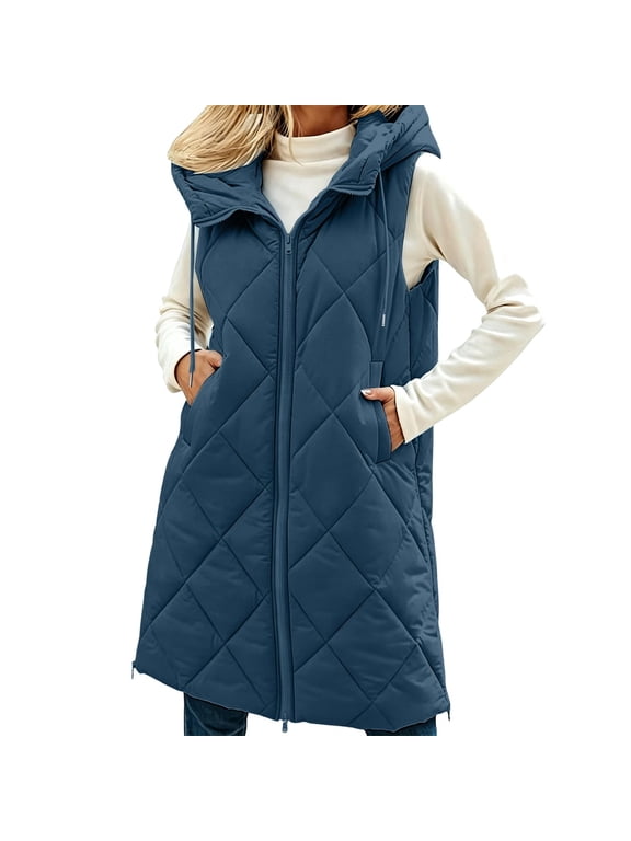 Women's Zip Up Long Puffer Vest Sleeveless Quilted Jacket Padded Fall Winter Outerwear with Pockets Blue,XXXL