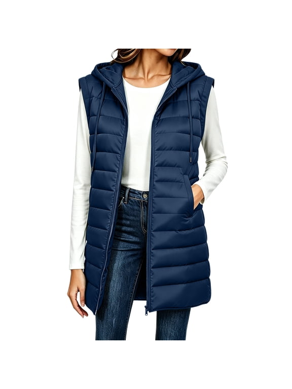 Women's Zip Up Long Puffer Vest Sleeveless Quilted Jacket Padded Fall Winter Outerwear with Pockets Navy,XXXL