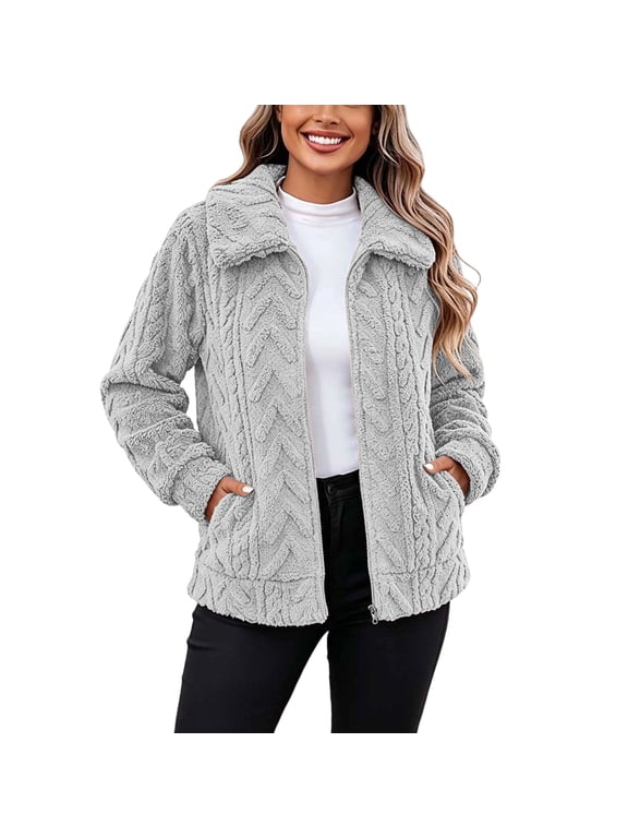 Women's Zip up Faux Sherpa Jackets Long Sleeve Lapel Collar Jacket Soft Plush Fuzzy Fleece Outerwear Loose Fit Warm Coat with Pockets XXXL