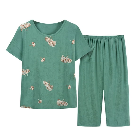 UPPADA Womens 2 Piece Loose Fit Pajamas Set Short Sleeve and Wide Long Pants Sets Comfy Crewneck Tops Lounge Wear Sets Green,XL