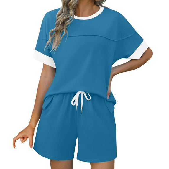 UPPADA Womens 2 Piece Lounge Sets Summer 2 Piece Outfits Crewneck Shirts and Drawstring Shorts Color Blocked Sets with Pockets Light Blue,S