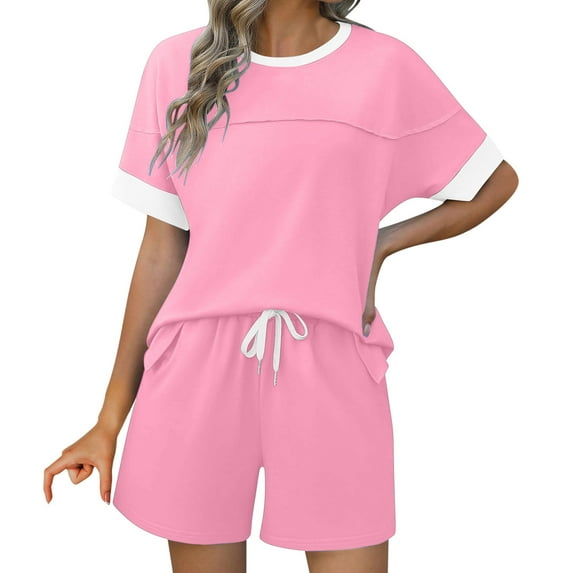 UPPADA Womens 2 Piece Lounge Sets Summer 2 Piece Outfits Crewneck Shirts and Drawstring Shorts Color Blocked Sets with Pockets Pink,L