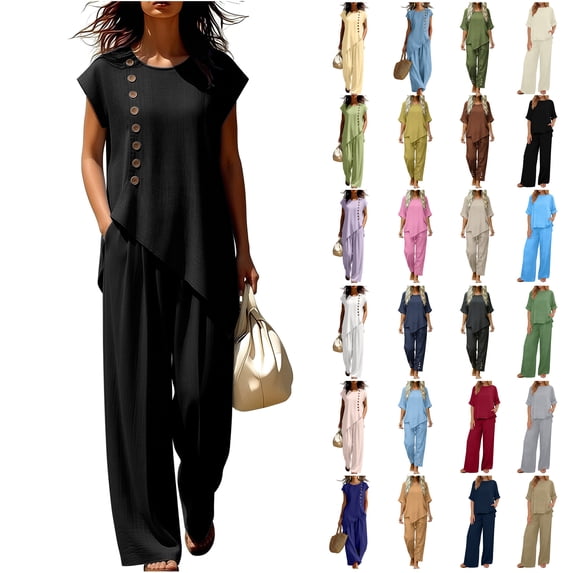 UPPADA Womens 2 Piece Matching Sets Trendy Summer Linen Outfits Casual Crew Neck Top and Pants Set with Pockets Ladies Two Piece Loose Comfy Lounge Sets Black,XL