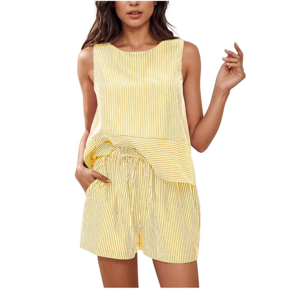 UPPADA Womens 2 Piece Outfits Sleeveless Tank Tops and Shorts Casual Summer Two Piece Lounge Set Crewneck Sets 2 Piece Beach Vacation Outfits Yellow,L