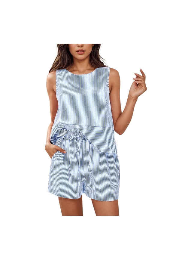 Womens 2 Piece Outfits Sleeveless Tank Tops and Shorts Casual Summer Two Piece Lounge Set Crewneck Sets 2 Piece Beach Vacation Outfits Blue,L