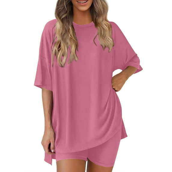 UPPADA Womens 2 Piece Pajama Sets 3/4 Sleeve Oversized Tops and Elastic Waist Shorts Two Piece Lounge Sets Loungewear Pink,S