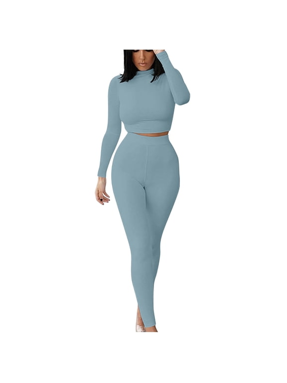 Womens 2 Piece Sets Dressy Lounge Sets Two Piece Summer Casual Jogger Workout Outfits Long Sleeve Tops Long Pant Sweat Suit Leggings Set Light Blue,XXL