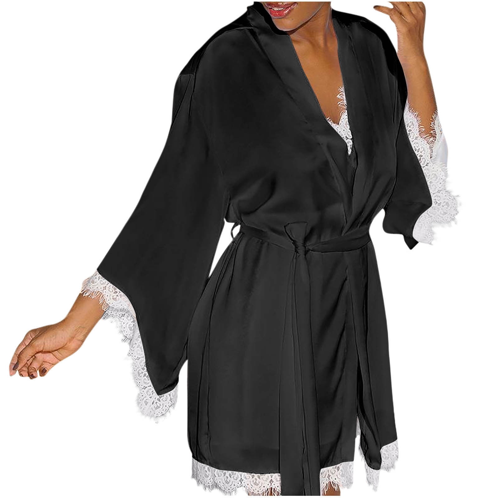 Anna-Kaci Women's 2-Piece Satin Pajama Set with Kimono Sleeve Wrap Top and Wide-Leg Pants
