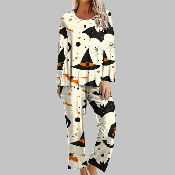 UPPADA Womens 2 Piece Sleepwear Funny Print Pajamas Set Long Sleeve Crewneck Sleep Shirts and Pants Casual Fall Winter Dressy Pjs Comfy Sleepwear White,L