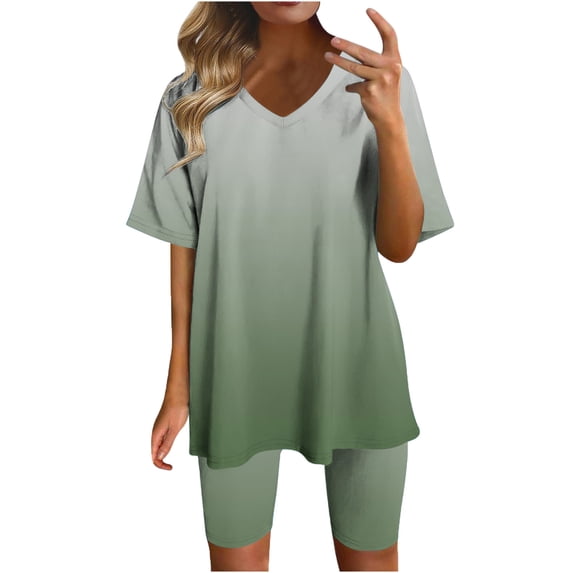 UPPADA Womens 2 Piece Summer Outfit 2025 Two Piece Lounge Set Vacation Running Sets Oversized Tshirts Biker Short Fashion Green,S