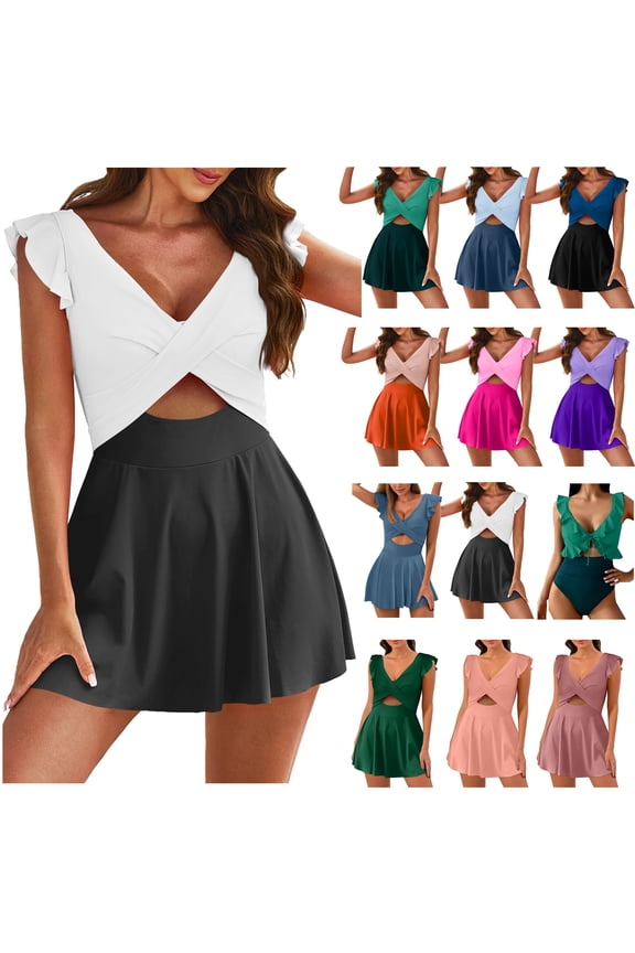 Womens 2 Piece Tankini Set with Skirts Push Up Tummy Control Cute Ruffle Swimdress V Neck Cutout Flowy Wrap Bathing Suit Comfy Swimwear for Beach Hot Pink,2xl