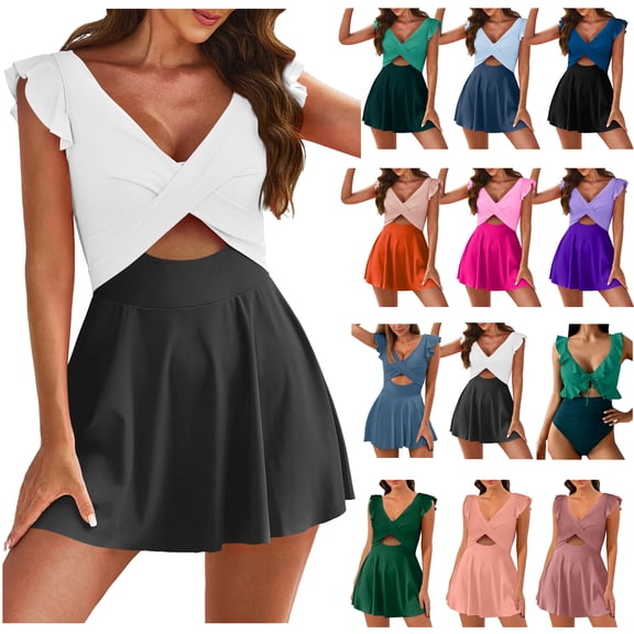 UPPADA Womens 2 Piece Tankini Set with Skirts Push Up Tummy Control Cute Ruffle Swimdress V Neck Cutout Flowy Wrap Bathing Suit Comfy Swimwear for Beach Strapless Bathing Suit Red,L