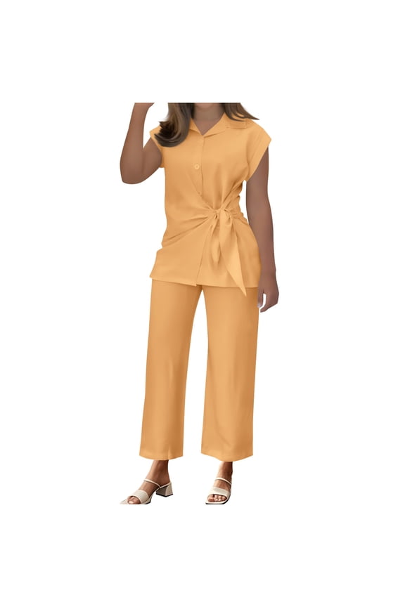 Womens 2 Piece Work Outfits Business Twist Front Cap Sleeve Shirts Casual Summer Two Piece Set Travel Outfits for Women 2 Piece Sets Orange,L