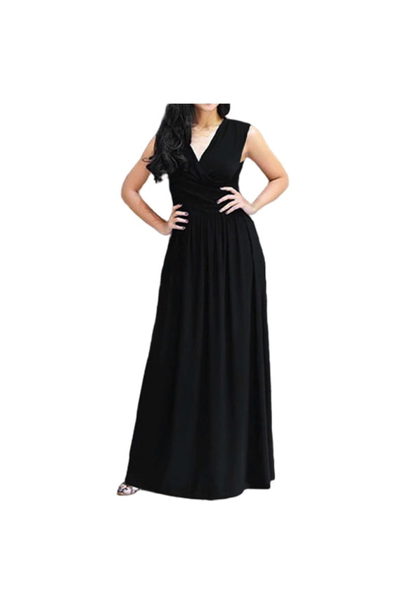 Womens 2026 formal Evening Gowns Maxi Dress Cocktail Party V Neck Sleeveless Wedding Guest Long Elegant Dress Pleated Loose Dresses Black,L