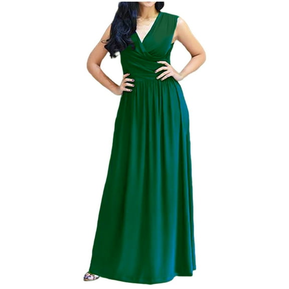 UPPADA Womens 2026 formal Evening Gowns Maxi Dress Cocktail Party V Neck Sleeveless Wedding Guest Long Elegant Dress Pleated Loose Dresses Green,S