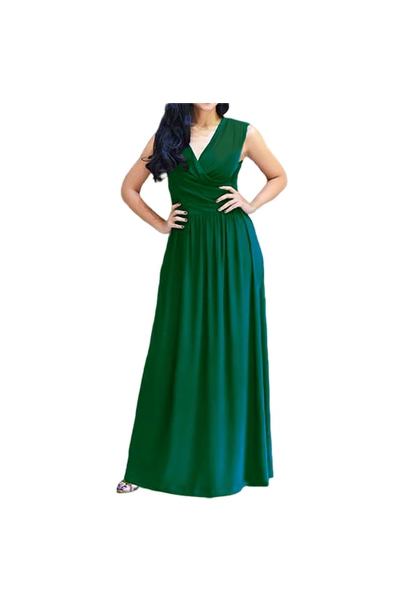 Womens 2026 formal Evening Gowns Maxi Dress Cocktail Party V Neck Sleeveless Wedding Guest Long Elegant Dress Pleated Loose Dresses Green,XL