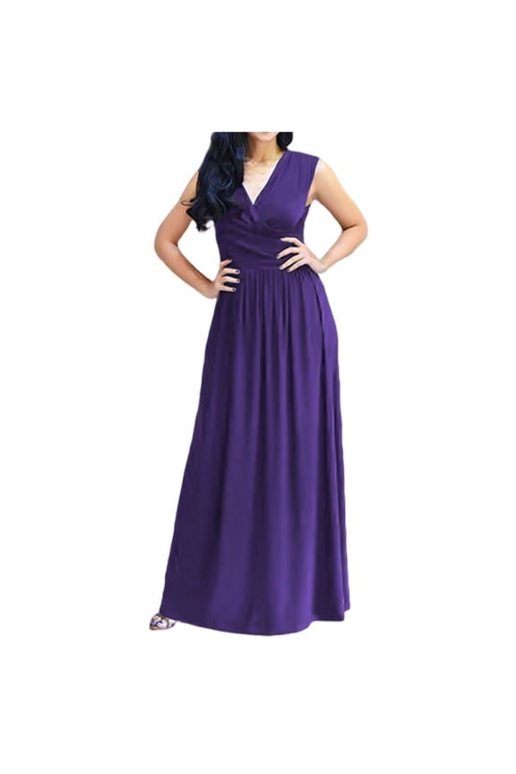 Womens 2026 formal Evening Gowns Maxi Dress Cocktail Party V Neck Sleeveless Wedding Guest Long Elegant Dress Pleated Loose Dresses Purple,S