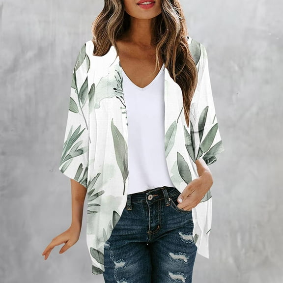 UPPADA Womens 3/4 Sleeve Kimono Beach Cover up Floral Print Chiffon Cardigan Casual Flowy Lightweight Open Front Tees Army Green,L