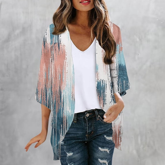UPPADA Womens 3/4 Sleeve Kimono Beach Cover up Floral Print Chiffon Cardigan Casual Flowy Lightweight Open Front Tees Blue,XL