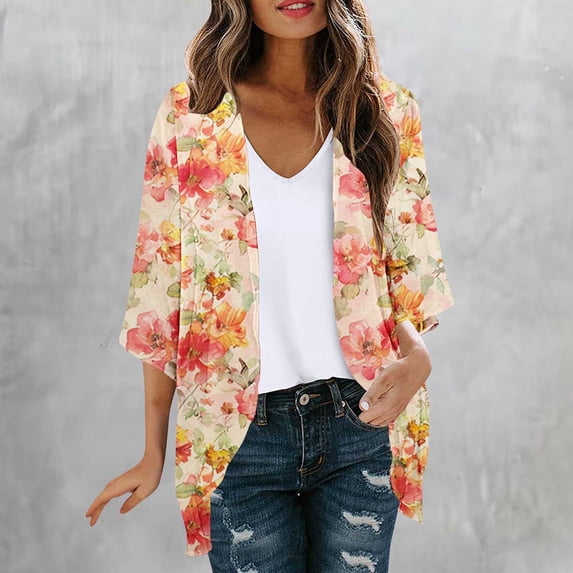 UPPADA Womens 3/4 Sleeve Kimono Beach Cover up Floral Print Chiffon Cardigan Casual Flowy Lightweight Open Front Tees Multicolor,M