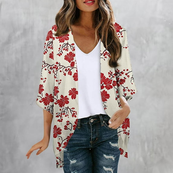 UPPADA Womens 3/4 Sleeve Kimono Beach Cover up Floral Print Chiffon Cardigan Casual Flowy Lightweight Open Front Tees Red,XXL