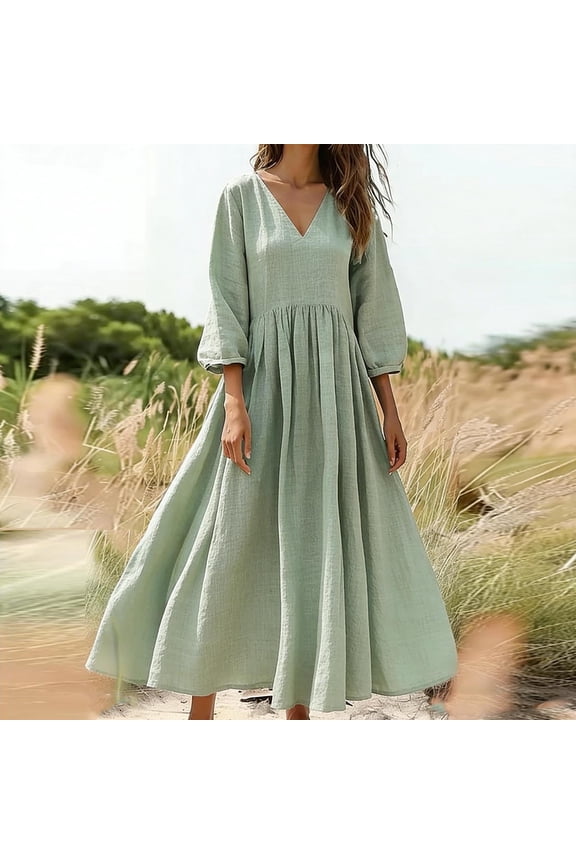 Womens 3/4 Sleeve Summer Dress Casual V Neck Maxi Dress Irregular Hem Loose Fit Cotton Linen Dress Trendy Solid Color Sundress with Pockets Mint Green,XL