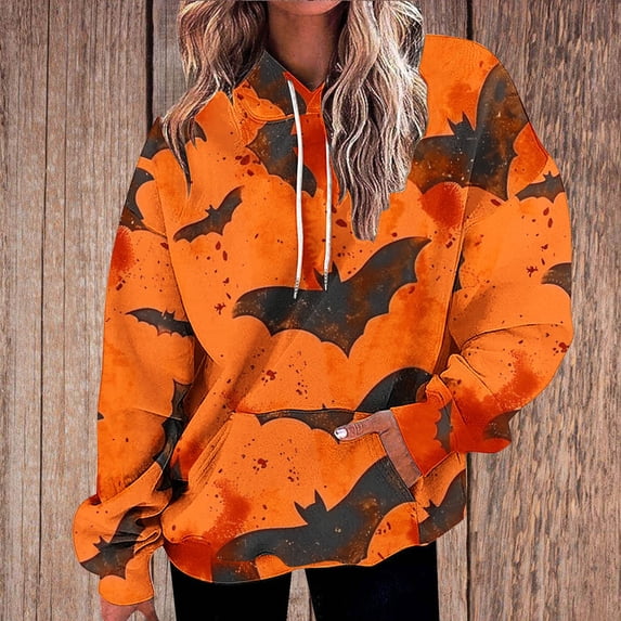 UPPADA Womens Bat Print Hoodies Casual Oversized Hooded Shirts Trendy Long Sleeve Funny Hoodie with Pockets Oversized Hooded Sweatshirt for Women Orange,XXL