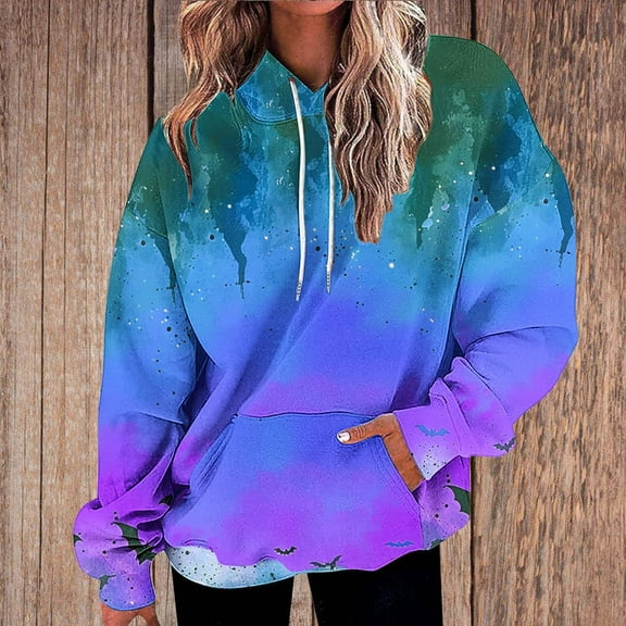 UPPADA Womens Bat Print Hoodies Casual Oversized Hooded Shirts Trendy Long Sleeve Funny Hoodie with Pockets Women Hoodie Graphic Blue,XL