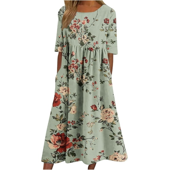 UPPADA Womens Boho Floral Dress Round Neck Half Sleeve Casual Loose Fit Dress Trendy Midi Dress with Pockets Tiered Beach Dresses,Army Green Dress M
