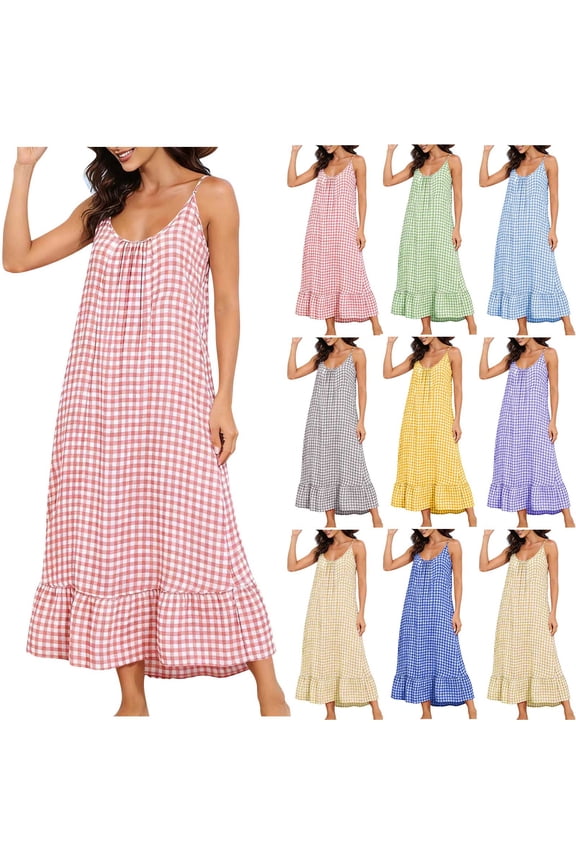 Womens Boho Maxi Dress Plaid Printed V Neck Cami Dress Spaghetti Straps Ethnic Beach Long Dress Loose Fit Comfy Summer Outfits Black,L