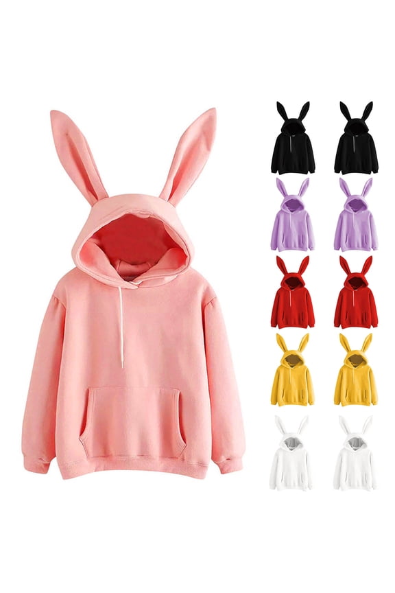 Womens Bunny Hoodies with Ears Kawaii Long Sleeve Animal Hoodies for Teens and Womens Cute Solid Color Hooded Sweatshirts Womens Pullover Hoodies Purple,M