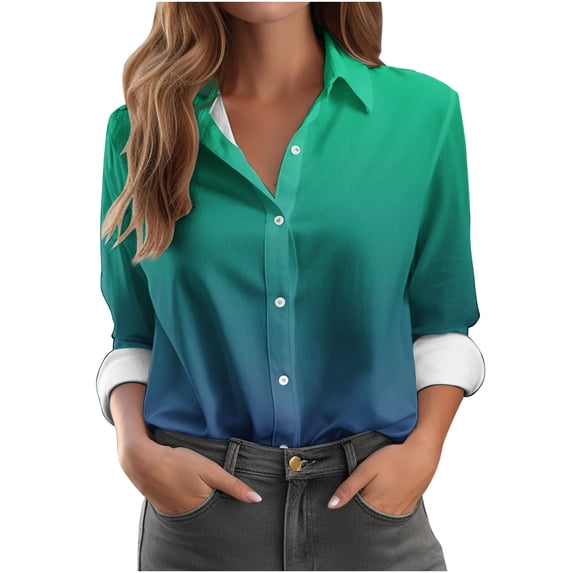 UPPADA Womens Button Down Shirts Trendy Long Sleeve V Neck Blouses Fall Business Casual Tops Gradient Rolled Up Sleeve Tops Army Green,L