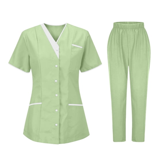 UPPADA Womens Button Front Scrub Set Short Sleeve Scrub Top and Straight Leg Pants Set with Multi Pocket Soft Stretch Uniform for Nurse Workwear Army Green,L