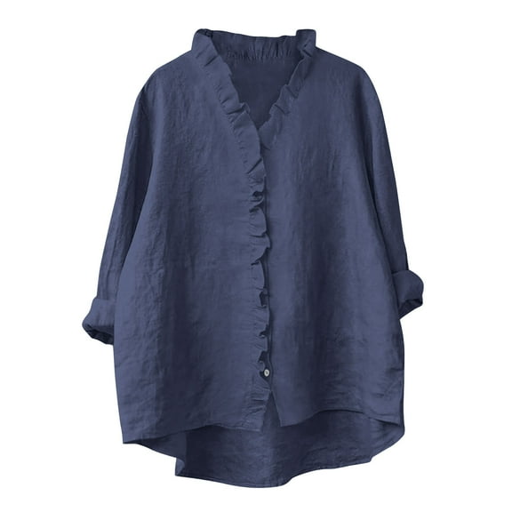 UPPADA Womens Button Down V Neck Shirt Casual Cotton Linen Long Sleeve Blouse Ruffle Trim Lightweight Fall Blouses Dressy Flowy Tops Fall Navy,L