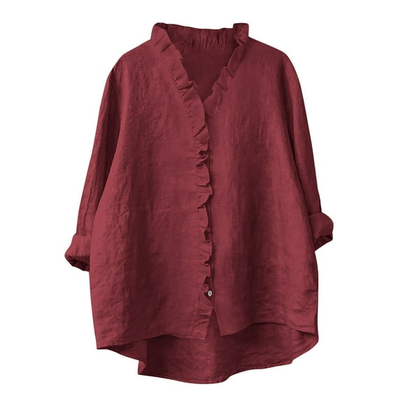 UPPADA Womens Button Down V Neck Shirt Casual Cotton Linen Long Sleeve Blouse Ruffle Trim Lightweight Fall Blouses Dressy Flowy Tops Fall Wine,M