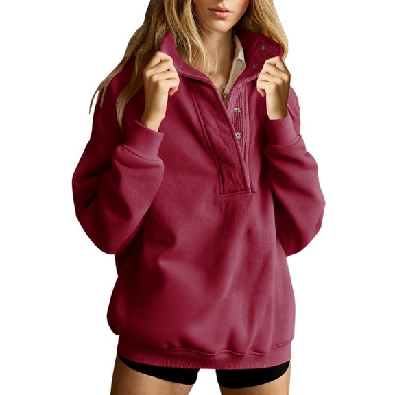UPPADA Womens Casual Button Henley Neck Sweatshirts Trendy Oversized Pullover Tops Long Sleeve Fall Outfits Wine,S