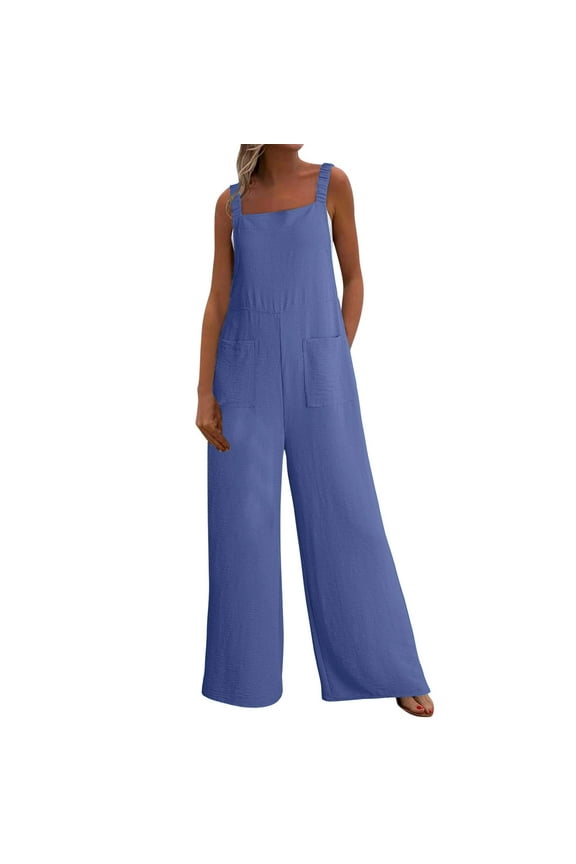Womens Casual Loose Fit Jumpsuits Summer Boho Wide Leg Rompers Sleeveless Overalls Wedding Jumpsuit with Pockets Blue,XL