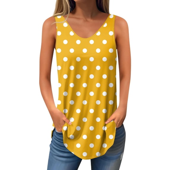 UPPADA Womens Casual Sleeveless Tank Top Polka Dot Print Tees V Neck Side Split Shirts Loose Fit Lightweight Comfy Tunic Blouses for Ladies Summer Outfit,yellow tank tops S