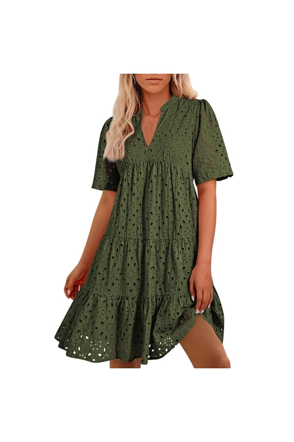 Womens Casual Summer Dresses Eyelet Embroidered Tiered Dress V Neck Short Sleeve Beach Sundress Casual Loose Fit Flowy Dress,Army Green Dress L
