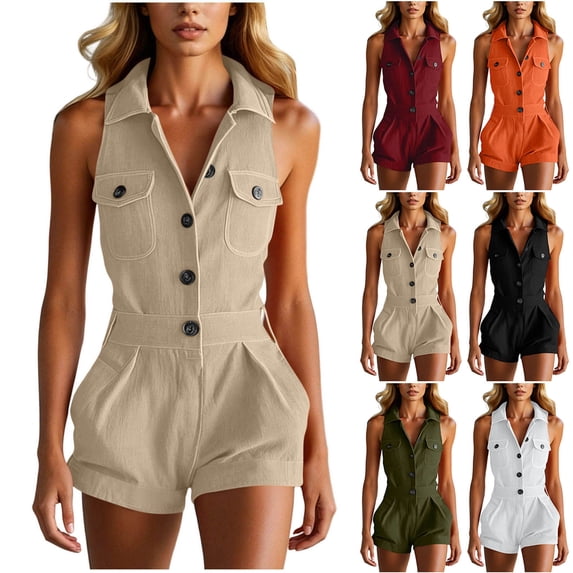 UPPADA Womens Casual V Neck Romper Shorts Trendy Cargo Jumpsuit for Ladies Sleeveless One Piece Jumpsuits Summer Boho Outfit Beige,XXL